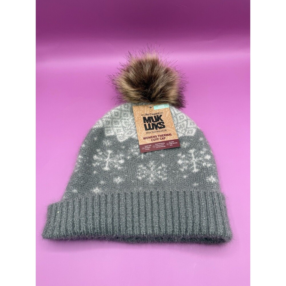 MUK LUKS Womens Thermal Cuff Cap Faux Fur Pom Winter Hat Knit Snowflakes NEW NWT